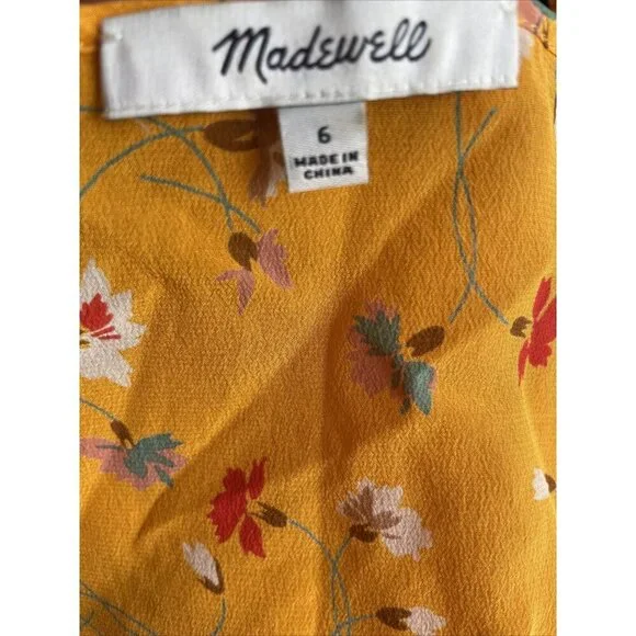 Madewell 100% Silk Floral Wrap Tank Top Ruffle Yellow V Neck Size 6 - Picture 4 of 5